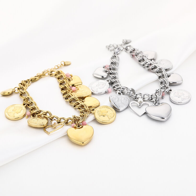 Gold Coins & Hearts Charms Link Bracelet