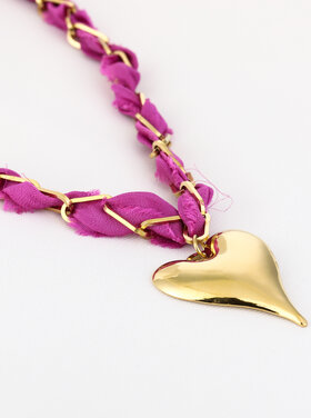 Gold Bandana Chain Heart Necklace / Fuchsia