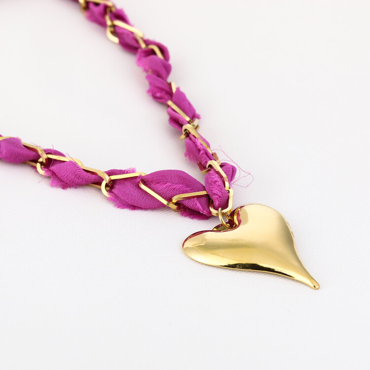 Gold Bandana Chain Heart Necklace / Fuchsia