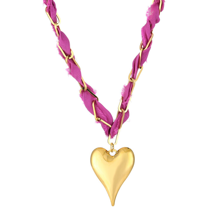 Gold Bandana Chain Heart Necklace / Fuchsia