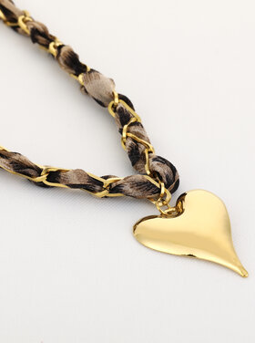 Gold Bandana Chain Heart Necklace / Leopard
