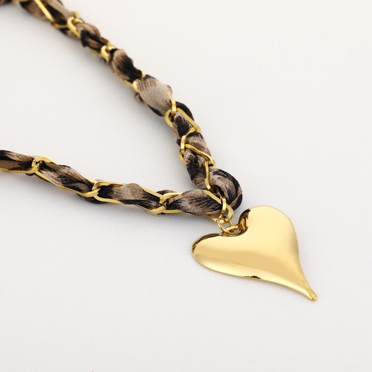 Gold Bandana Chain Heart Necklace / Leopard