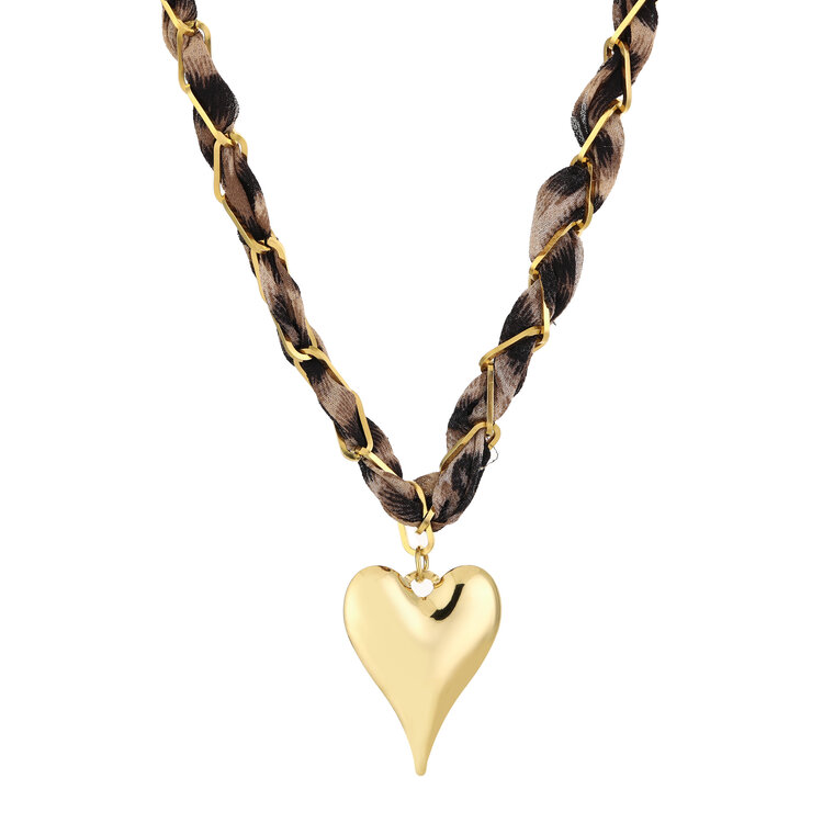 Gold Bandana Chain Heart Necklace / Leopard