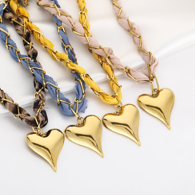Gold Bandana Chain Heart Necklace / Denim Blue