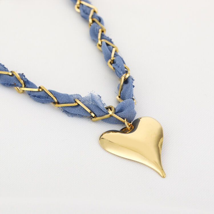Gold Bandana Chain Heart Necklace / Denim Blue