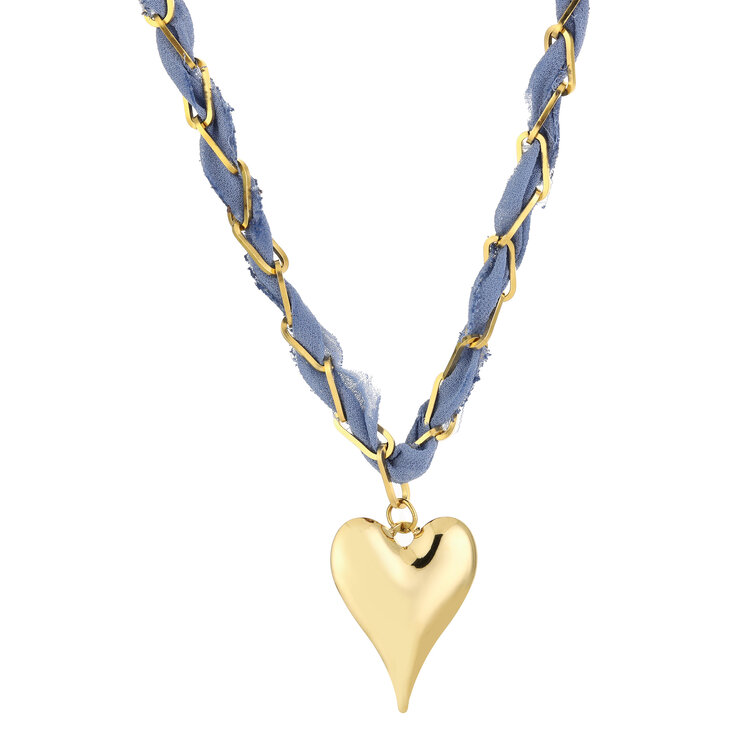 Gold Bandana Chain Heart Necklace / Denim Blue