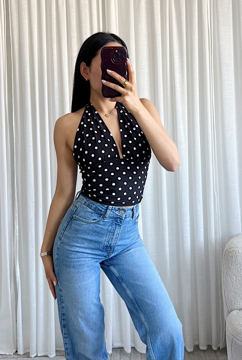 Amara Polka Dot Halter Top (Black)