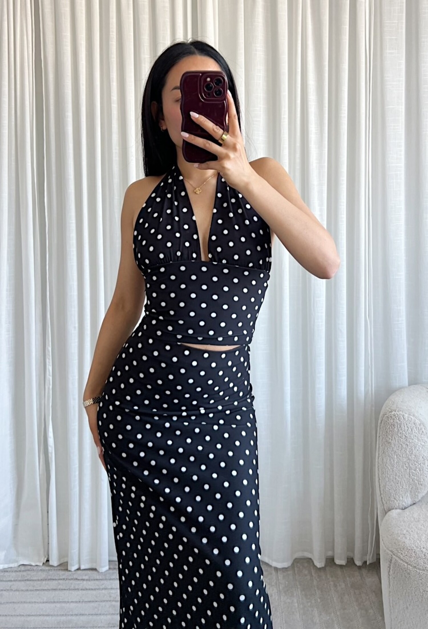 slim fit dress slacks Nadine Halter Chiffon Maxi Dress - Ivory/Merlot Polka Dot