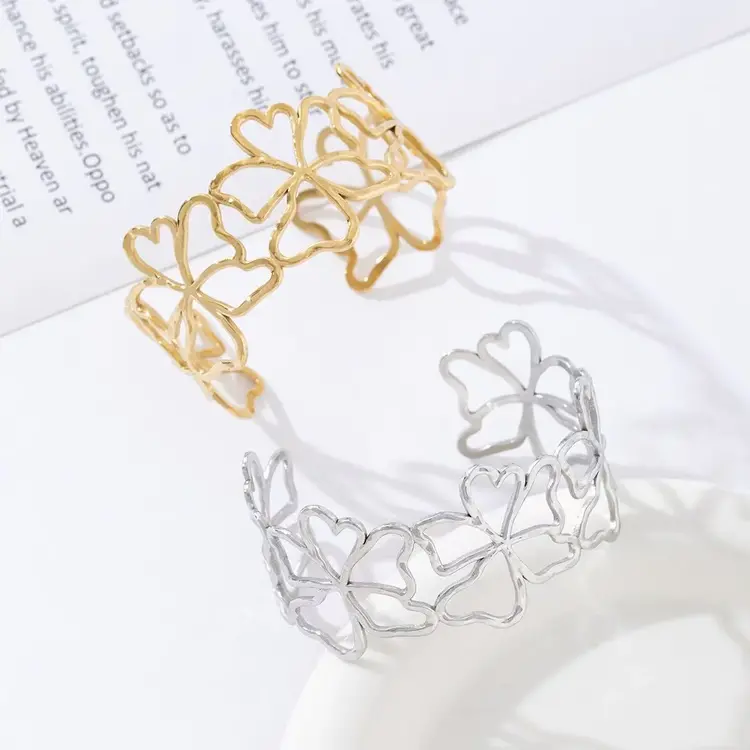 Gold Abstract Flower Bangle Bracelet