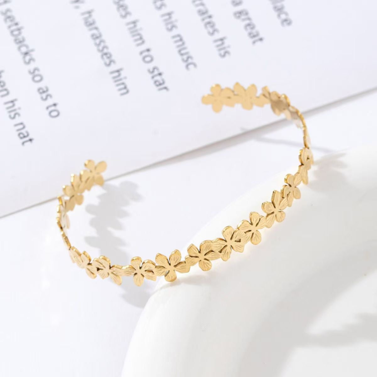 Gold Dainty Floral Bangle Bracelet