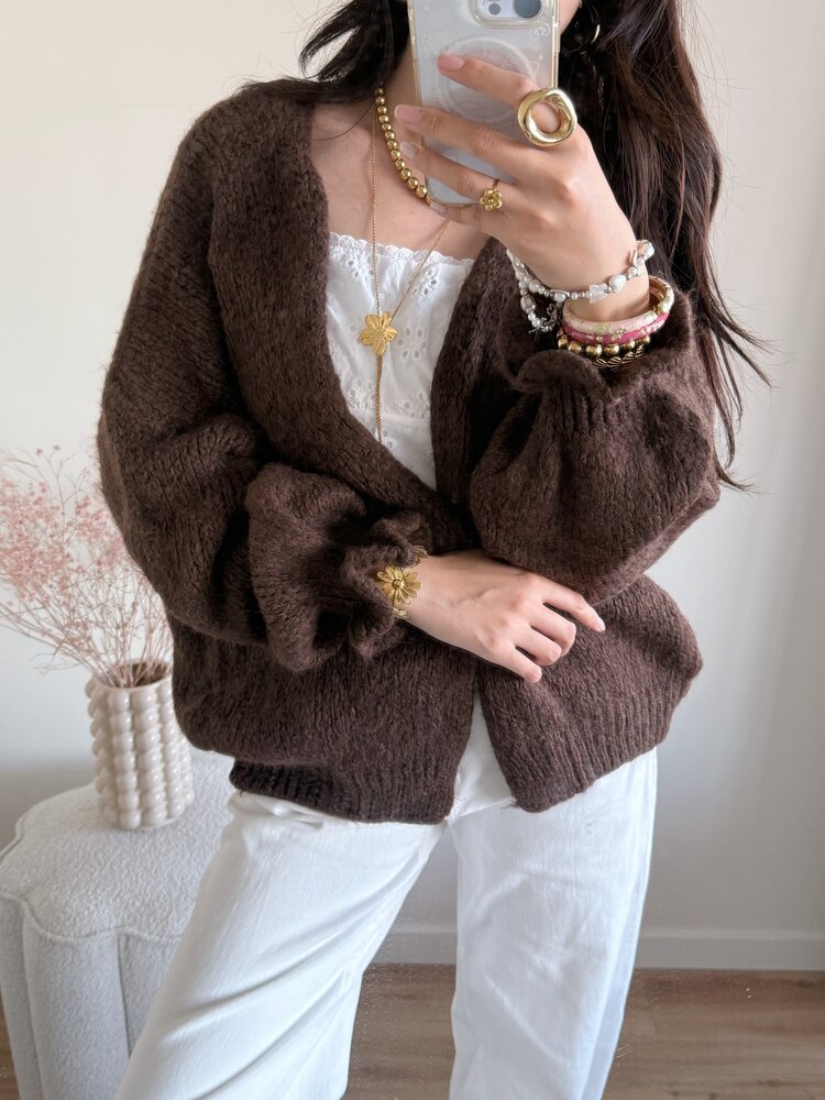 Celia Ruffle Knit Cardigan / Brown