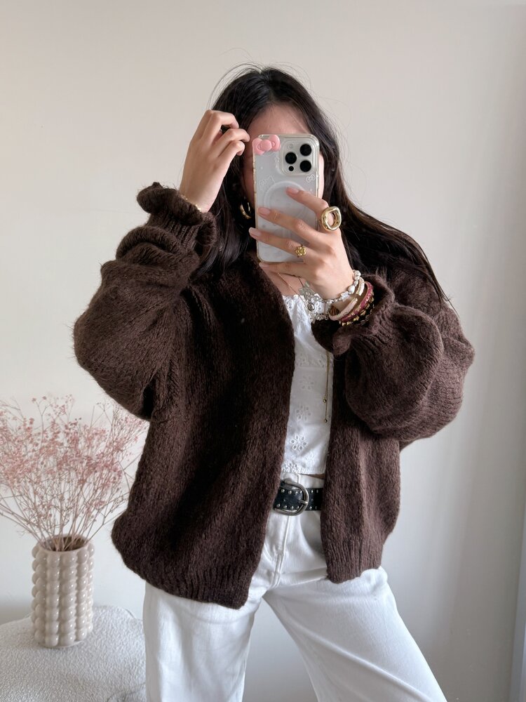 Celia Ruffle Knit Cardigan / Brown