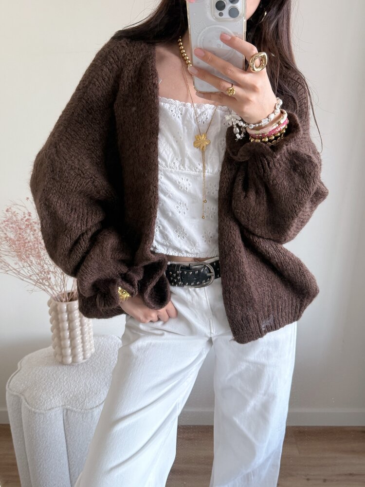 Celia Ruffle Knit Cardigan / Brown