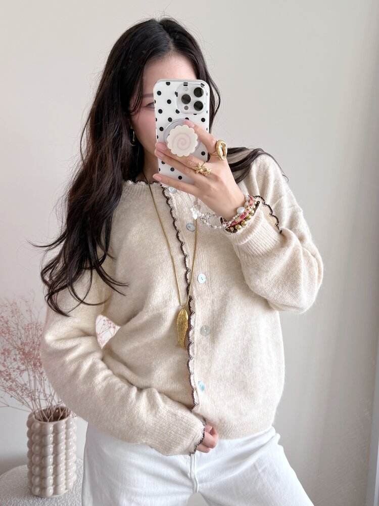 Luana Scallop Trim Cardigan / Beige