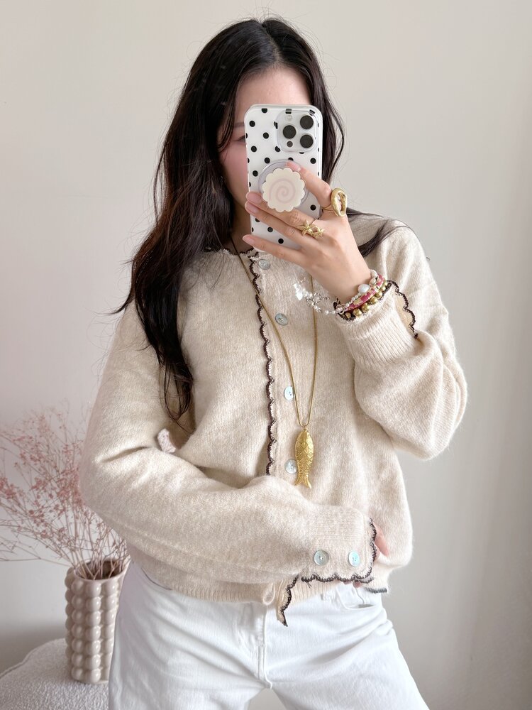 Luana Scallop Trim Cardigan / Beige