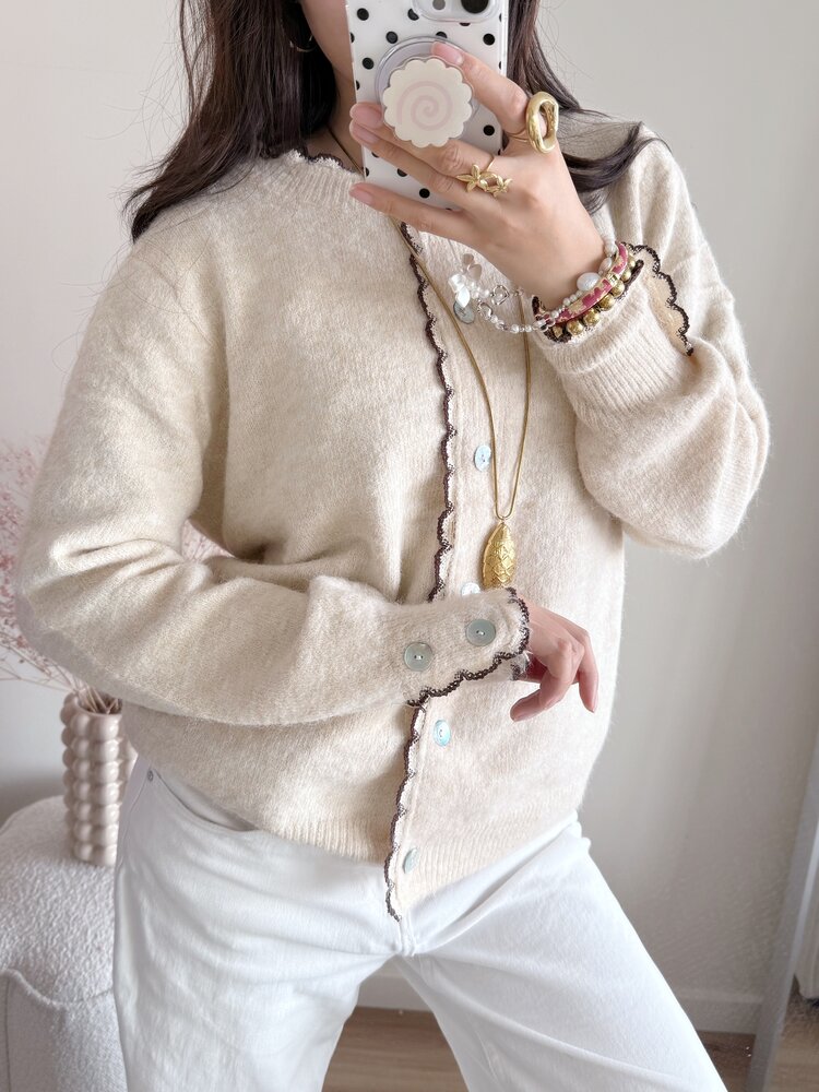 Luana Scallop Trim Cardigan / Beige