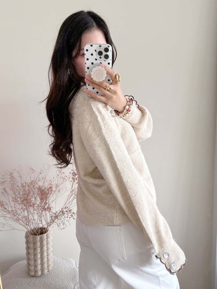 Luana Scallop Trim Cardigan / Beige