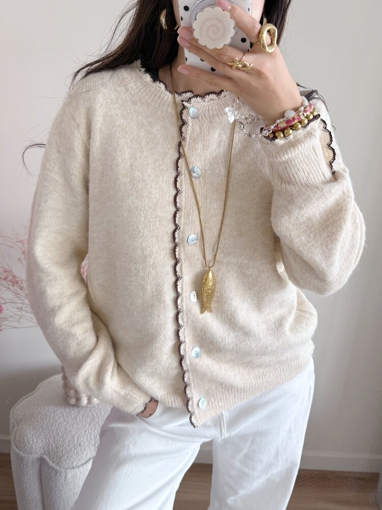 Luana Scallop Trim Cardigan / Beige