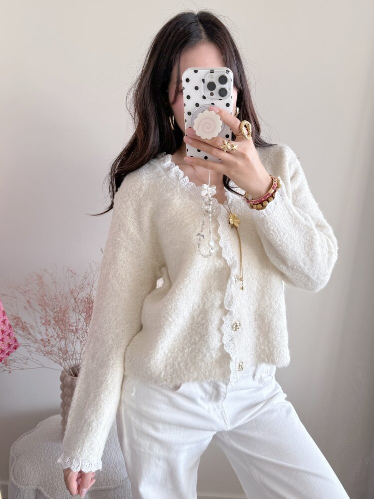 Lovie Embroidered Trim Cardigan / Beige