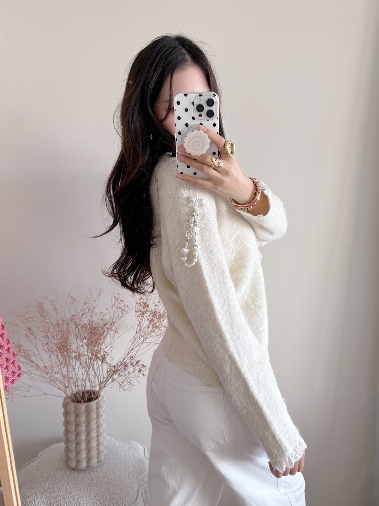 Lovie Embroidered Trim Cardigan / Beige