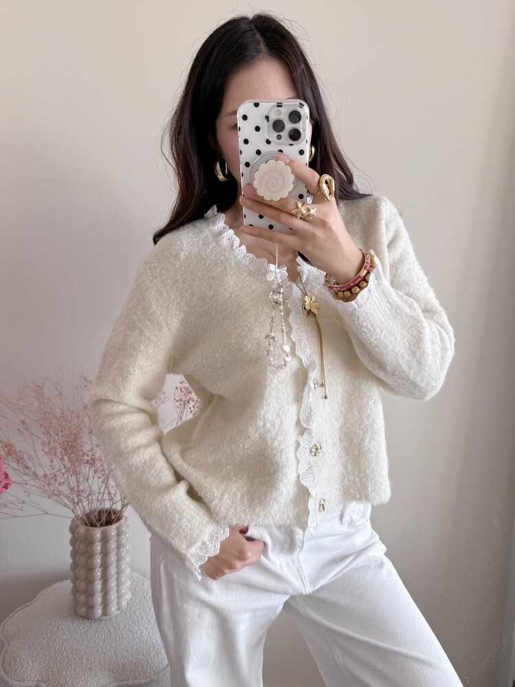 Lovie Embroidered Trim Cardigan / Beige