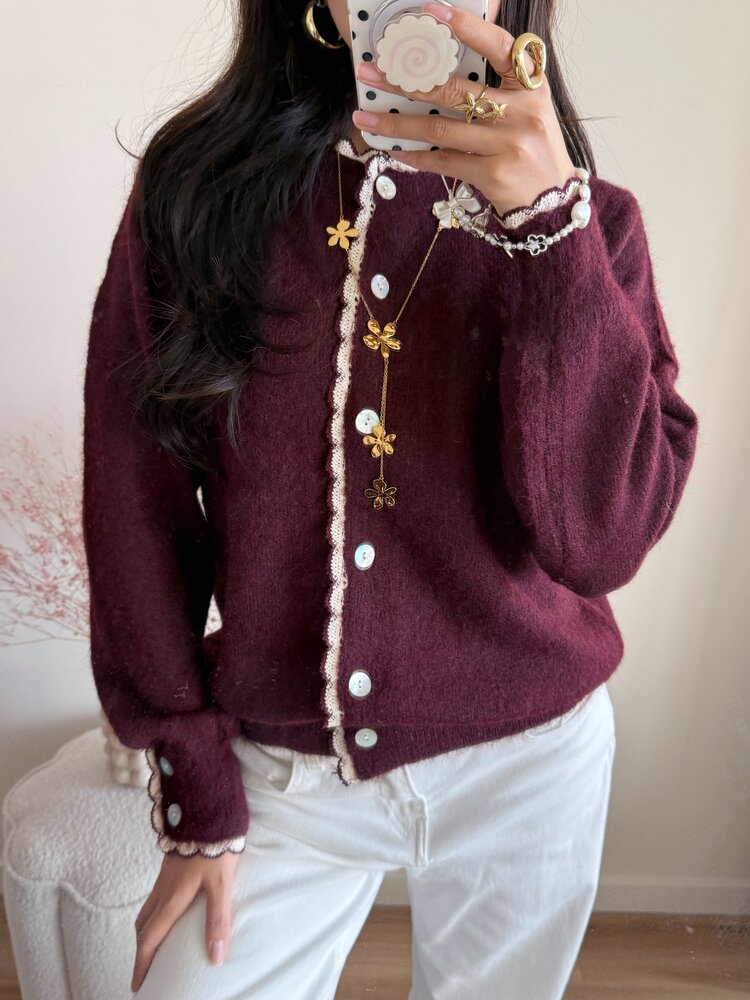 Luana Scallop Trim Cardigan / Bordeaux Red