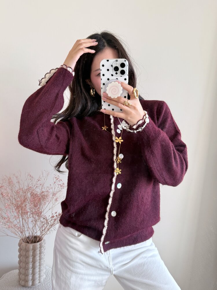 Luana Scallop Trim Cardigan / Bordeaux Red