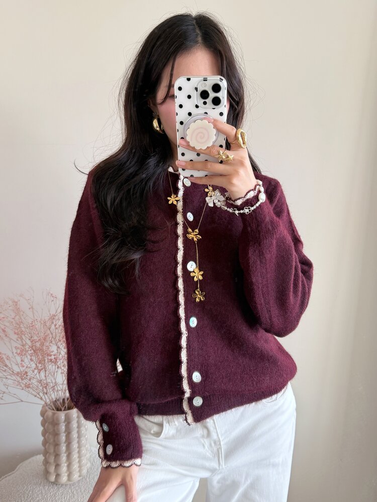 Luana Scallop Trim Cardigan / Bordeaux Red