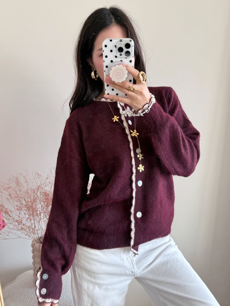 Luana Scallop Trim Cardigan / Bordeaux Red