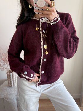 Luana Scallop Trim Cardigan / Bordeaux Red
