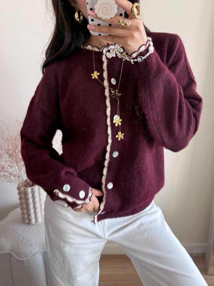Luana Scallop Trim Cardigan / Bordeaux Red