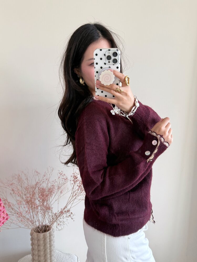Luana Scallop Trim Cardigan / Bordeaux Red