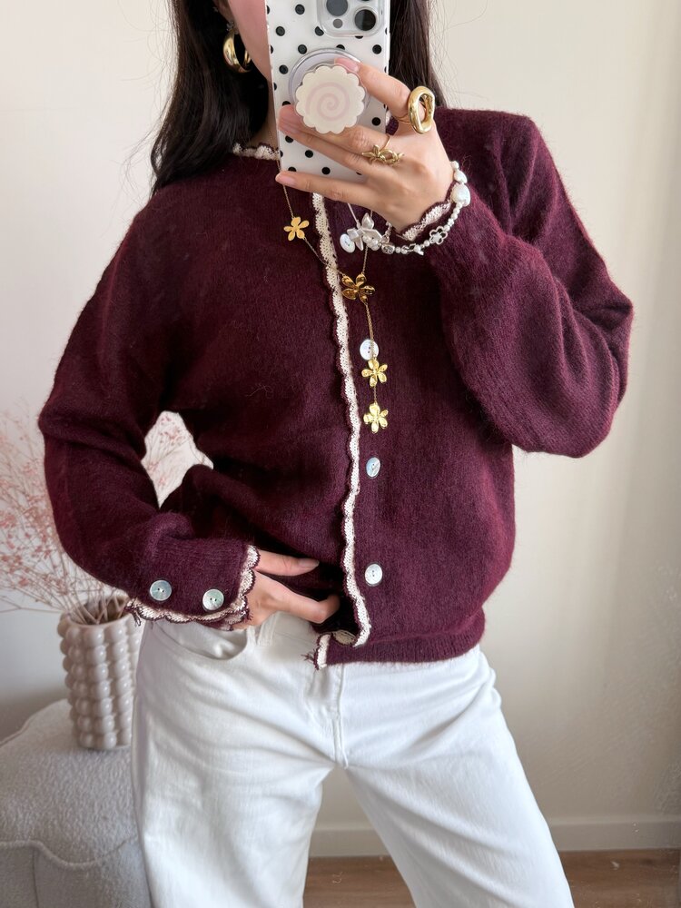 Luana Scallop Trim Cardigan / Bordeaux Red