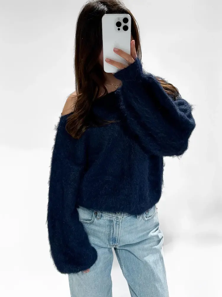 Sunmi Fluffy Knit Sweater / Navy Blue