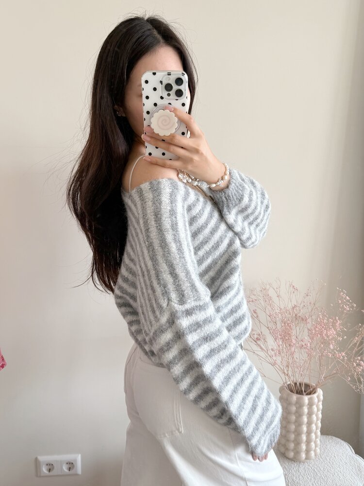 Mare Striped Knit Cardigan / Grey