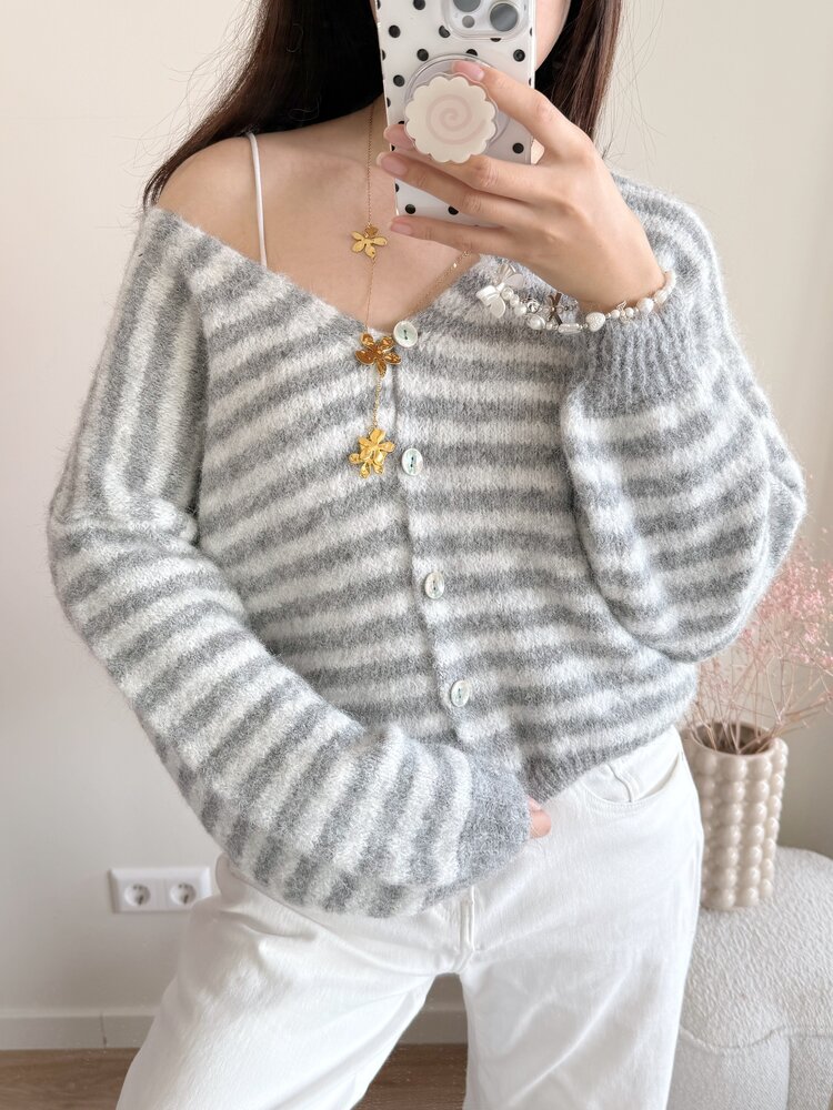 Mare Striped Knit Cardigan / Grey