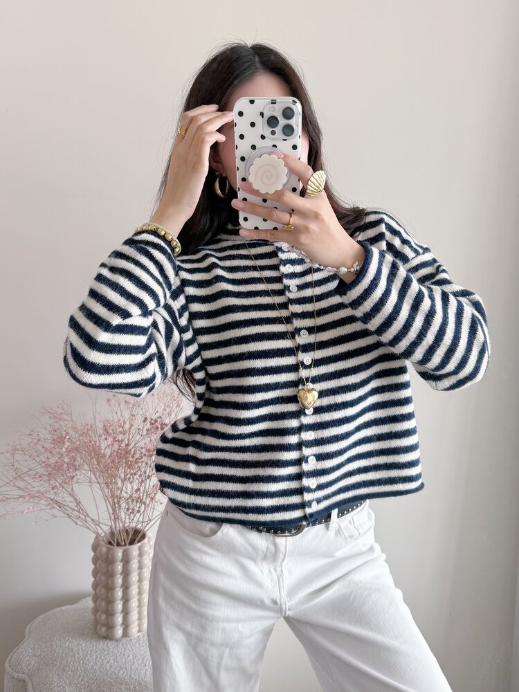 Xenia Striped Knit Cardigan / Navy Blue