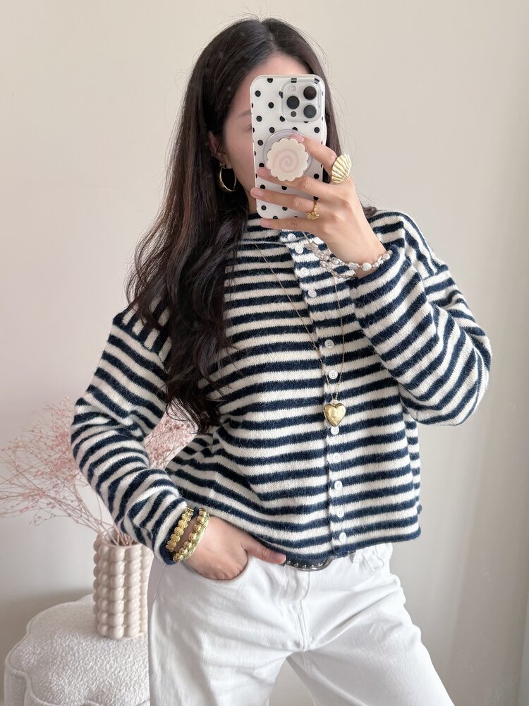 Xenia Striped Knit Cardigan / Navy Blue