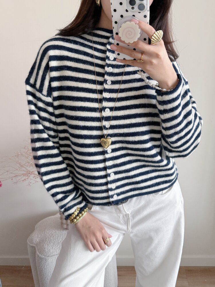 Xenia Striped Knit Cardigan / Navy Blue