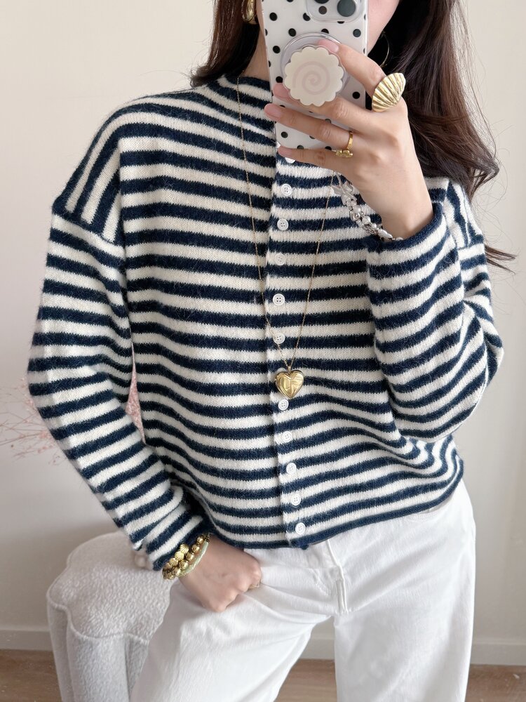 Xenia Striped Knit Cardigan / Navy Blue