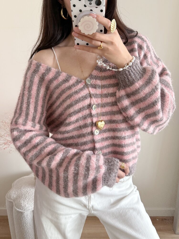 Mare Striped Knit Cardigan / Pink & Taupe