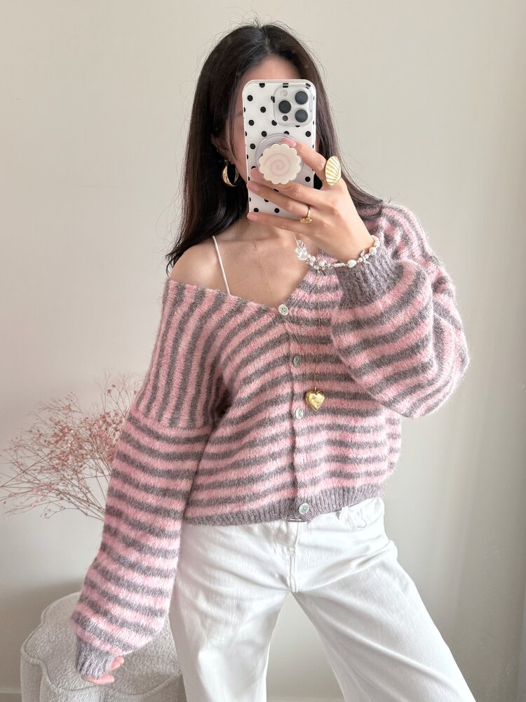 Mare Striped Knit Cardigan / Pink & Taupe