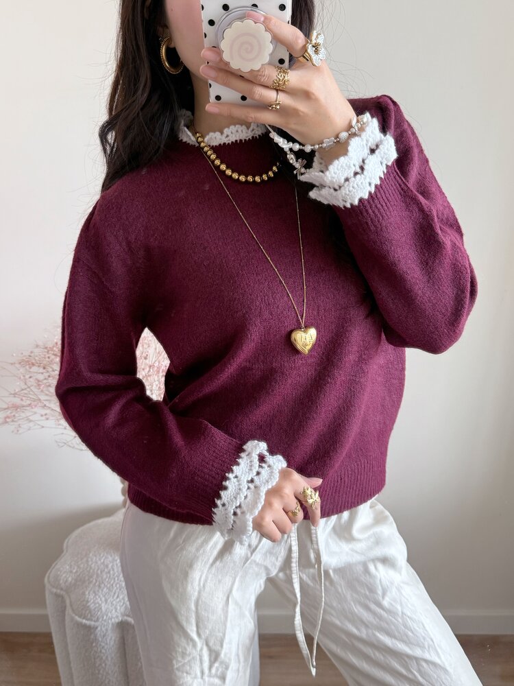 Luisa Embroidery Knit Sweater / Bordeaux
