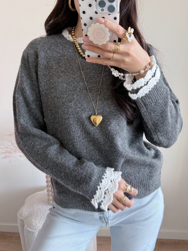 Luisa Embroidery Knit Sweater / Grey