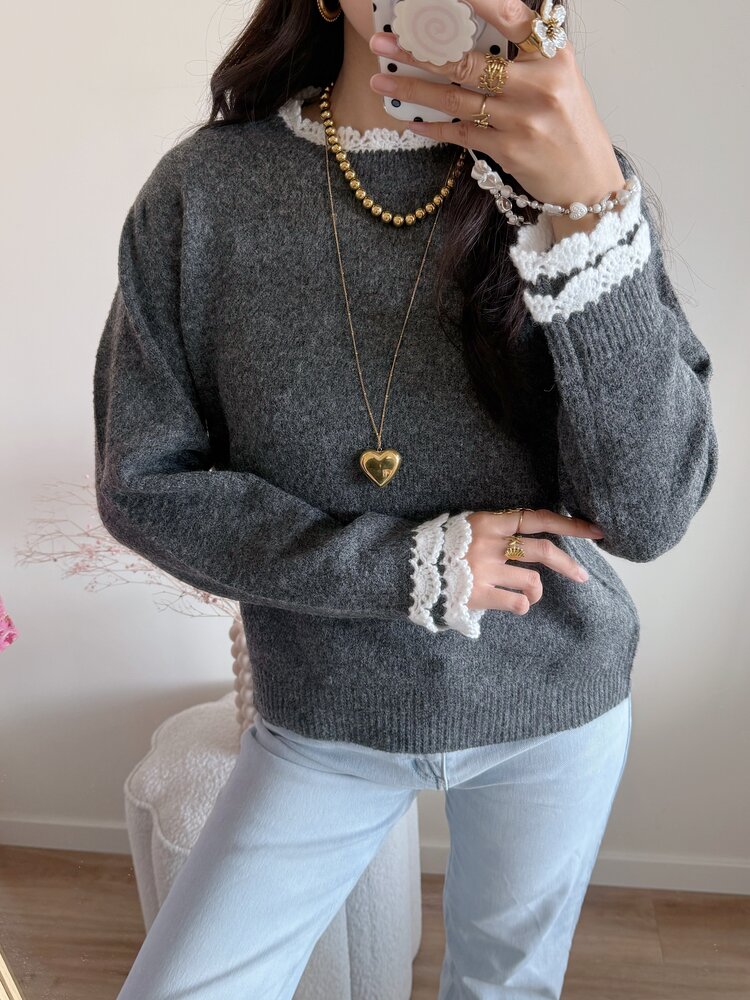 Luisa Embroidery Knit Sweater / Grey