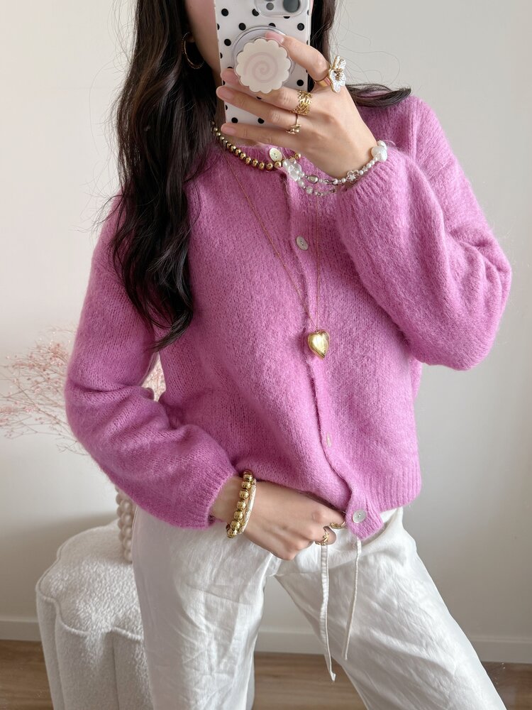 Lydia Fluffy Knit Cardigan / Candy Pink
