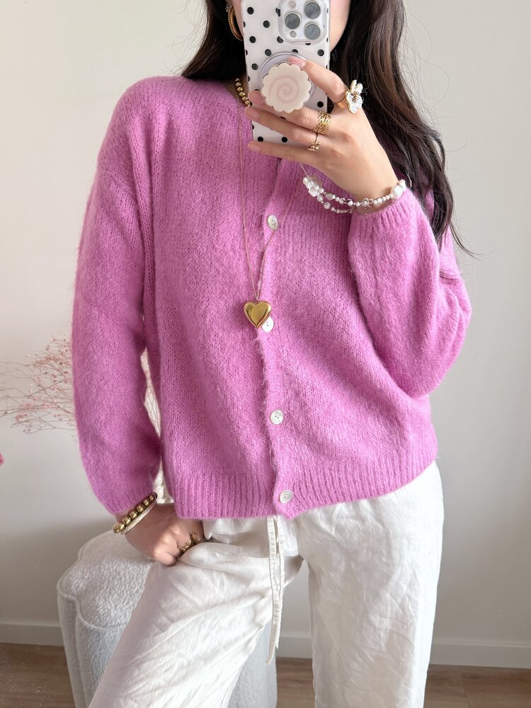 Lydia Fluffy Knit Cardigan / Candy Pink