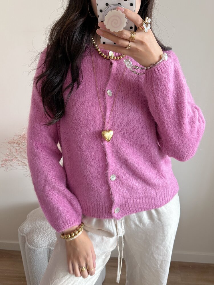 Lydia Fluffy Knit Cardigan / Candy Pink