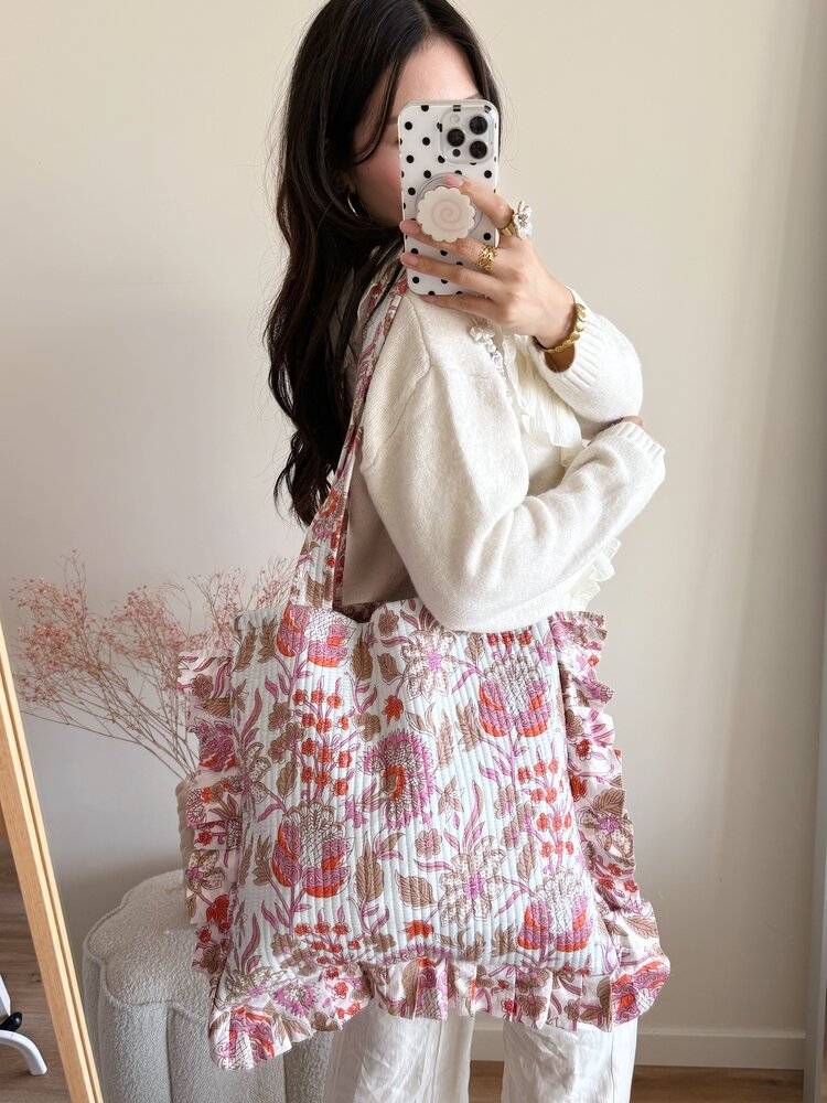 Micky Small Ruffle Flower Shopper Bag / White & Pink