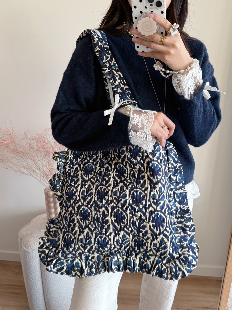 Micky Small Ruffle Flower Shopper Bag / Navy Blue